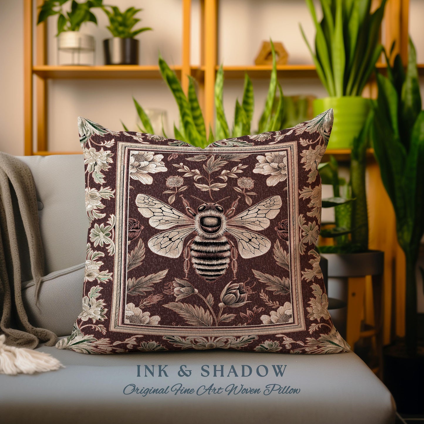 Regal Honeybee Pillow Baroque Inspired Vintage Floral Insect Art Decor | Medieval Cottagecore Bee Garden Woodland Whimsy Folklore Cushion