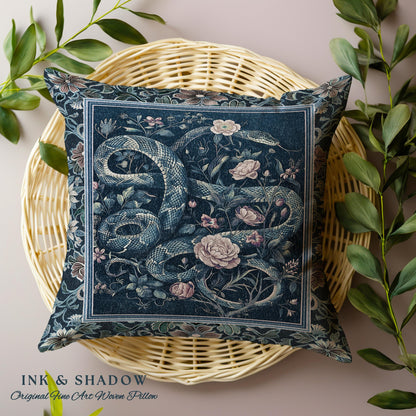 Midnight Blue Dark Floral Serpent Pillow Whimsical Vintage Botanical Snake Cushion Victorian Gothic Mystic Macabre Art Enchanted Forestcore