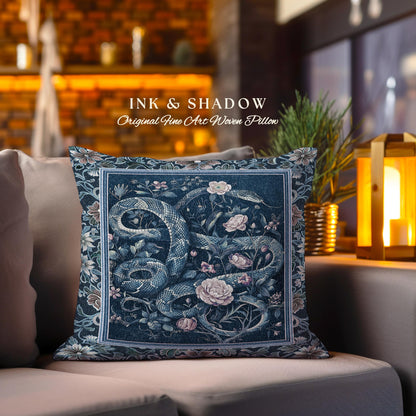 Midnight Blue Dark Floral Serpent Pillow Whimsical Vintage Botanical Snake Cushion Victorian Gothic Mystic Macabre Art Enchanted Forestcore