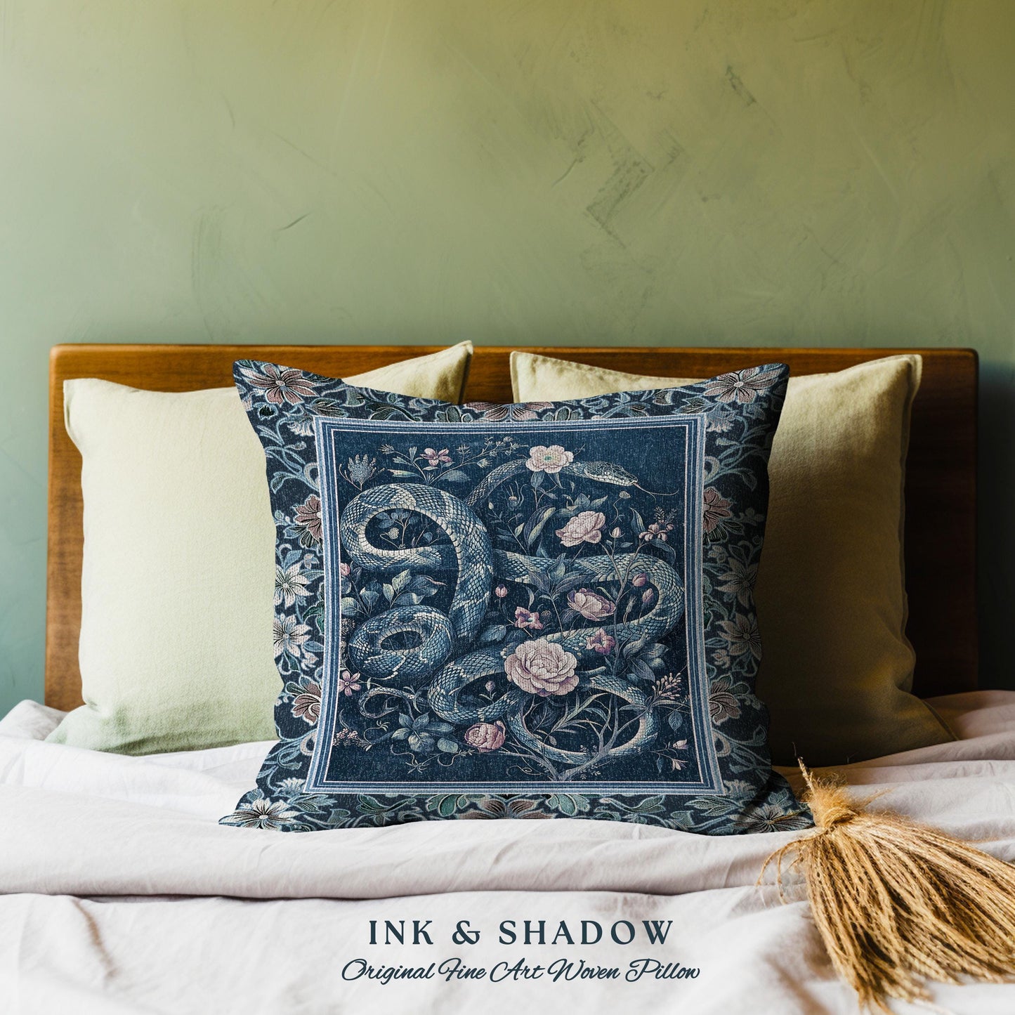 Midnight Blue Dark Floral Serpent Pillow Whimsical Vintage Botanical Snake Cushion Victorian Gothic Mystic Macabre Art Enchanted Forestcore