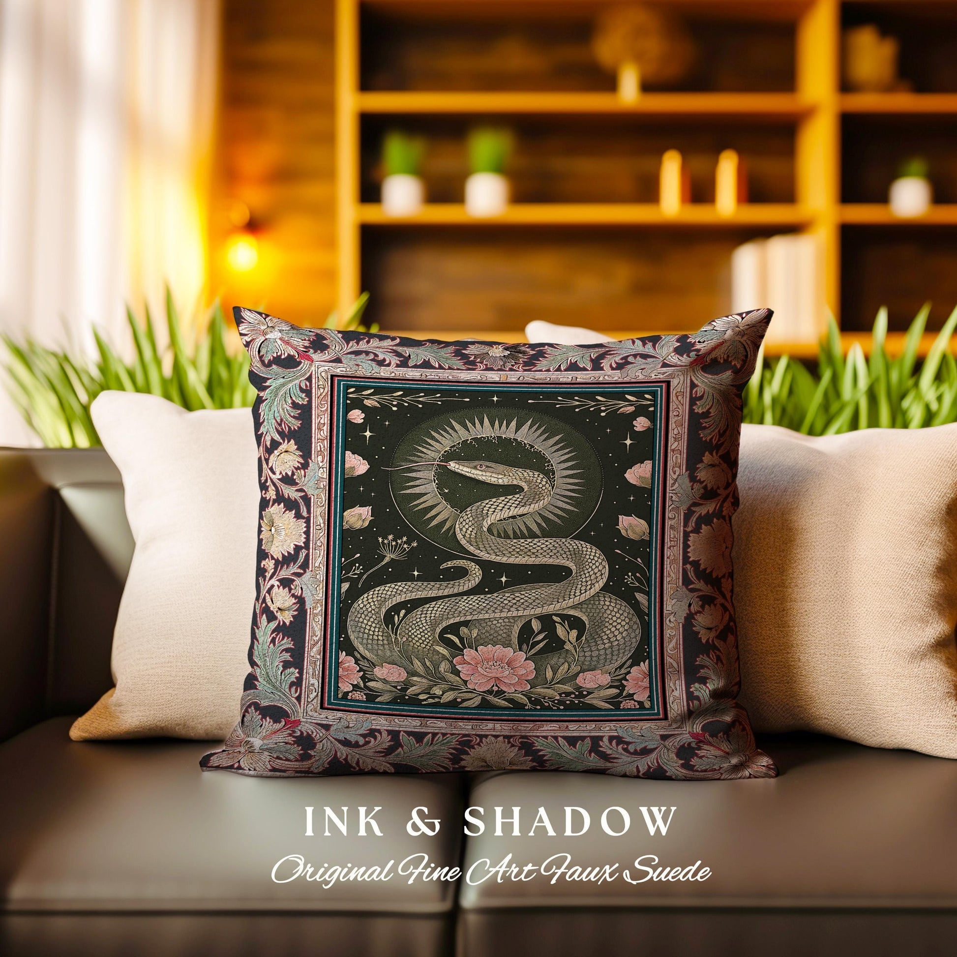 Victorian Rose Serpent Pillow Romantic Cottagecore Floral Decor | Enchanted Baroque Snake Art Dark Academia Gothic Pink Fairycore Goblincore