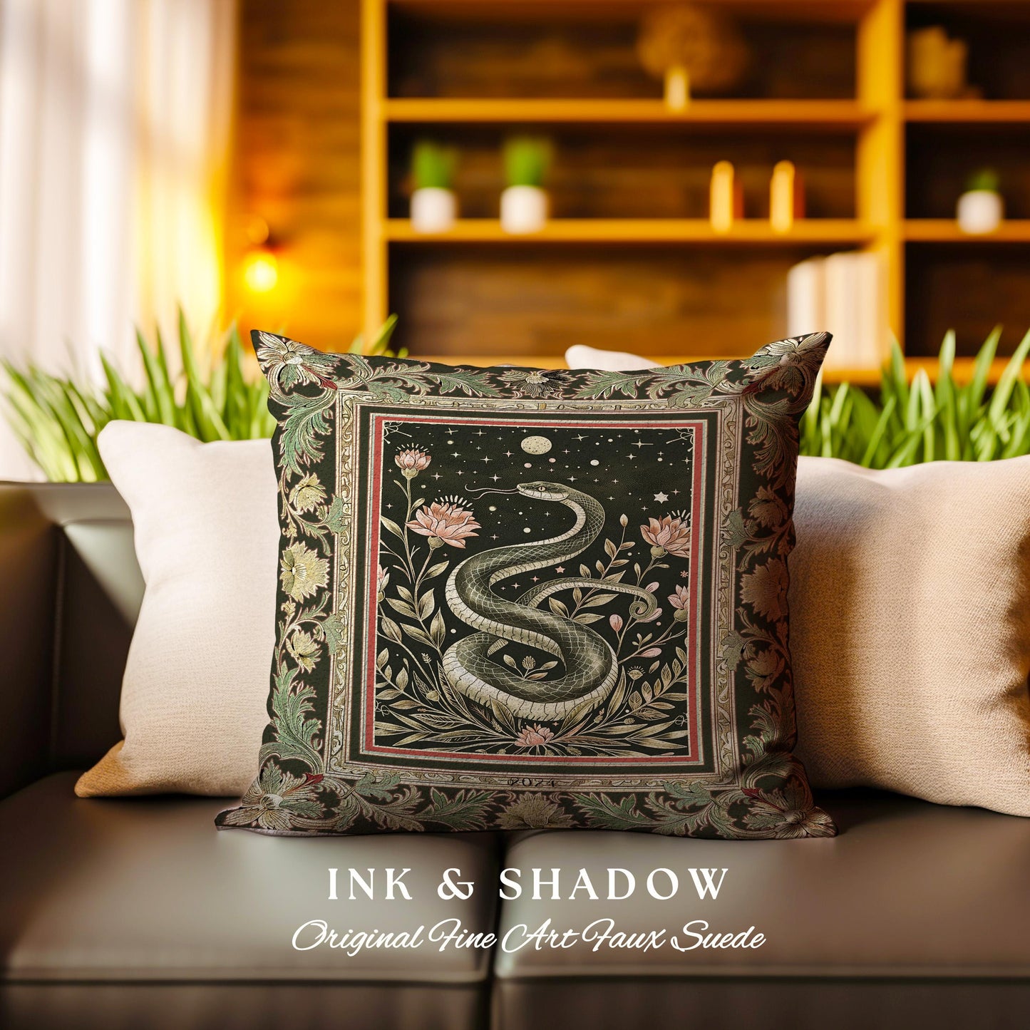 Celestial Serpent Woven Tapestry Pillow Enchanted Floral Gothic Cushion | Mystical Moonlit Medieval Snake Art Dark Academia Vintage Baroque