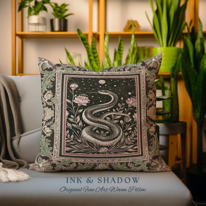 Celestial Serpent Woven Tapestry Pillow Enchanted Floral Gothic Cushion | Mystical Moonlit Medieval Snake Art Dark Academia Vintage Baroque