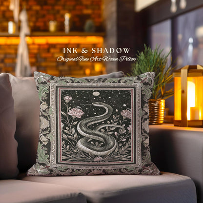 Celestial Serpent Woven Tapestry Pillow Enchanted Floral Gothic Cushion | Mystical Moonlit Medieval Snake Art Dark Academia Vintage Baroque