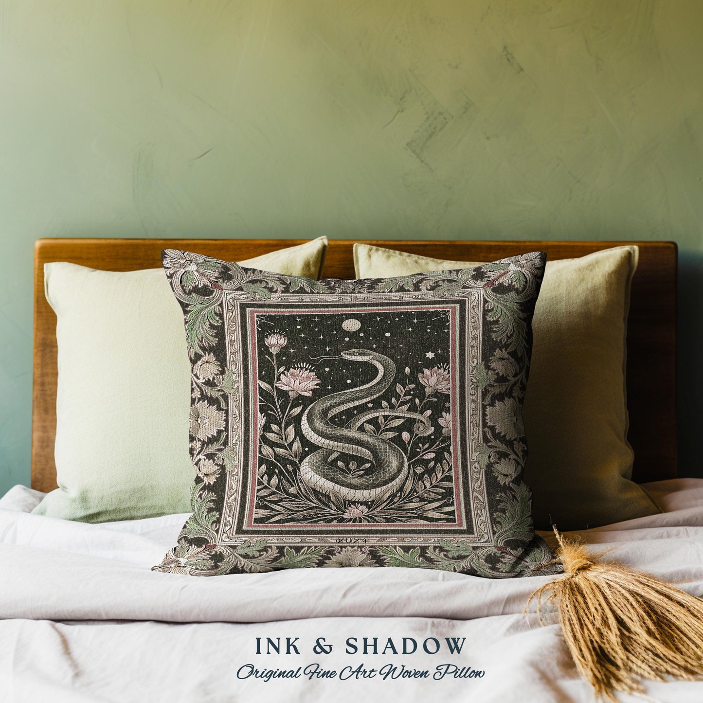 Celestial Serpent Woven Tapestry Pillow Enchanted Floral Gothic Cushion | Mystical Moonlit Medieval Snake Art Dark Academia Vintage Baroque