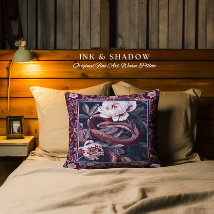 Whimsigothic Dark Floral Serpent Pillow Enchanted Forest Whimsical Purple Botanical Cushion | Mystical Witchy Cottagecore Vintage Snake Art