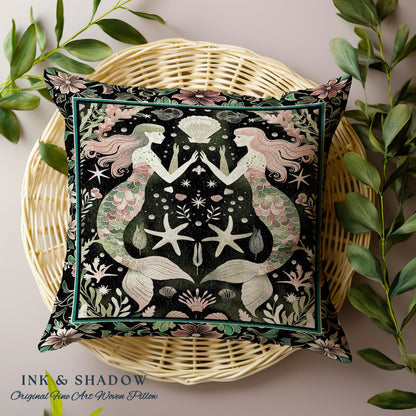 Art Nouveau Mermaid Pillow Coastal Folklore Home Decor | Vintage Seafoam Green Enchanted Ocean Underwater Sea Maiden Woven Tapestry Cushion