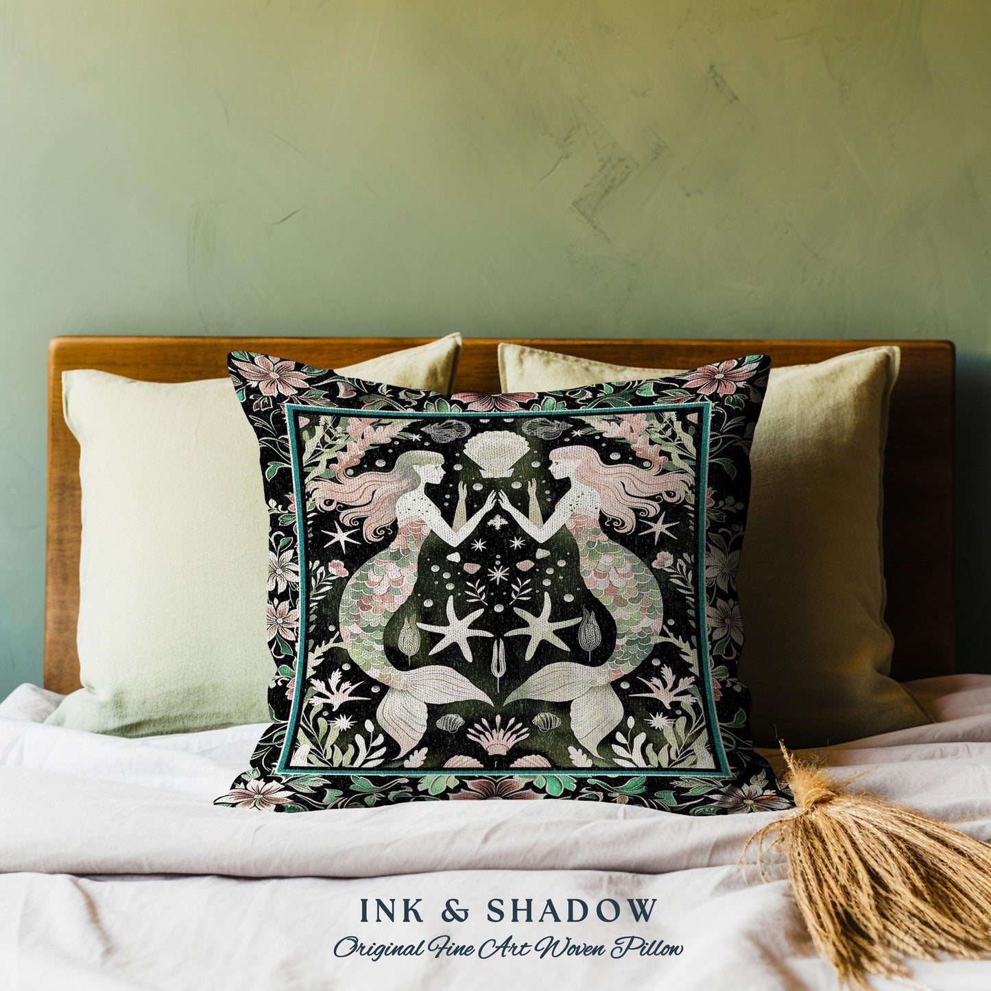 Art Nouveau Mermaid Pillow Coastal Folklore Home Decor | Vintage Seafoam Green Enchanted Ocean Underwater Sea Maiden Woven Tapestry Cushion