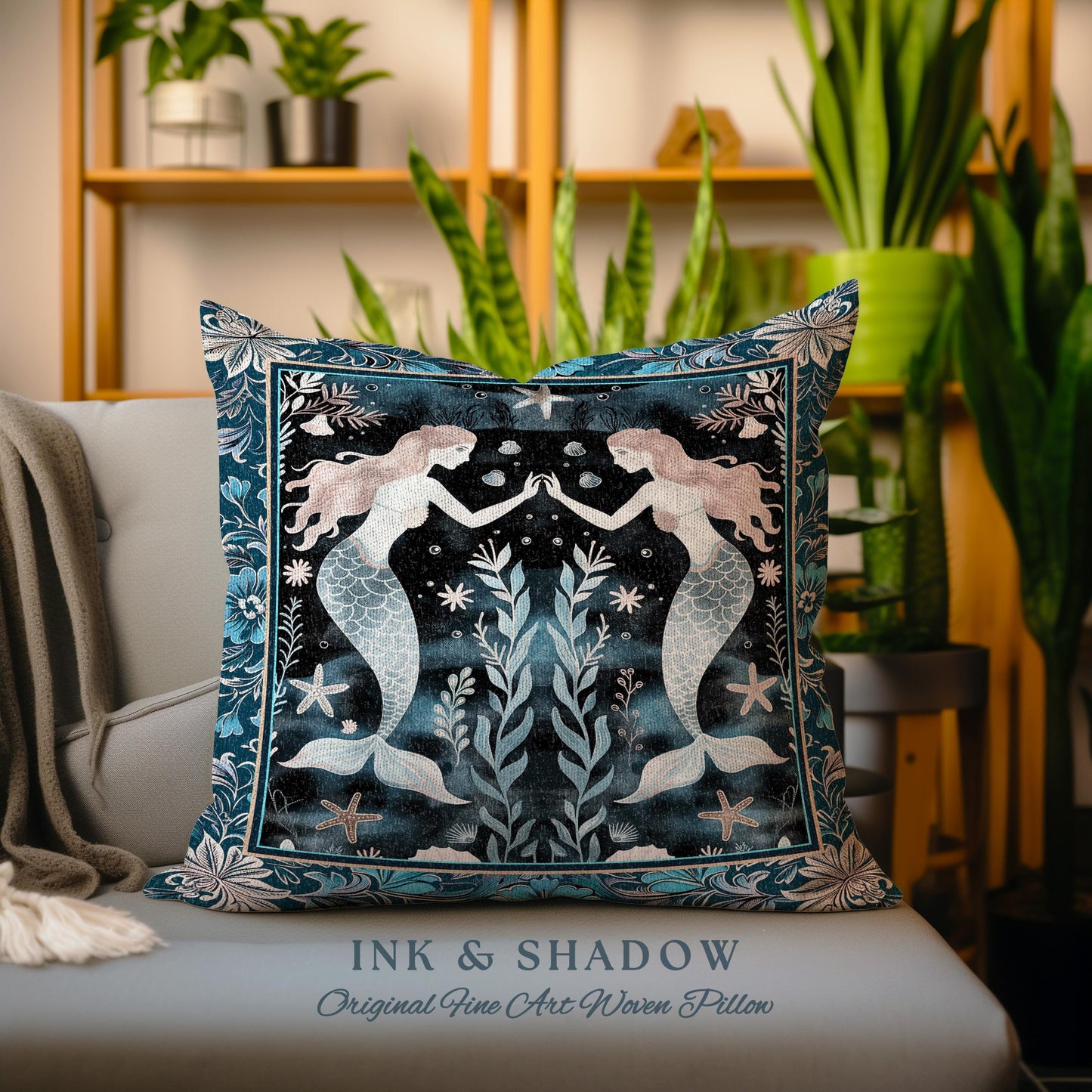 Mystical Midnight Blue Mermaid Pillow Floral Oceanic Tapestry Cushion Art Nouveau Coastal Cottagecore Whimsical Sea Nymph Enchanted Nautical