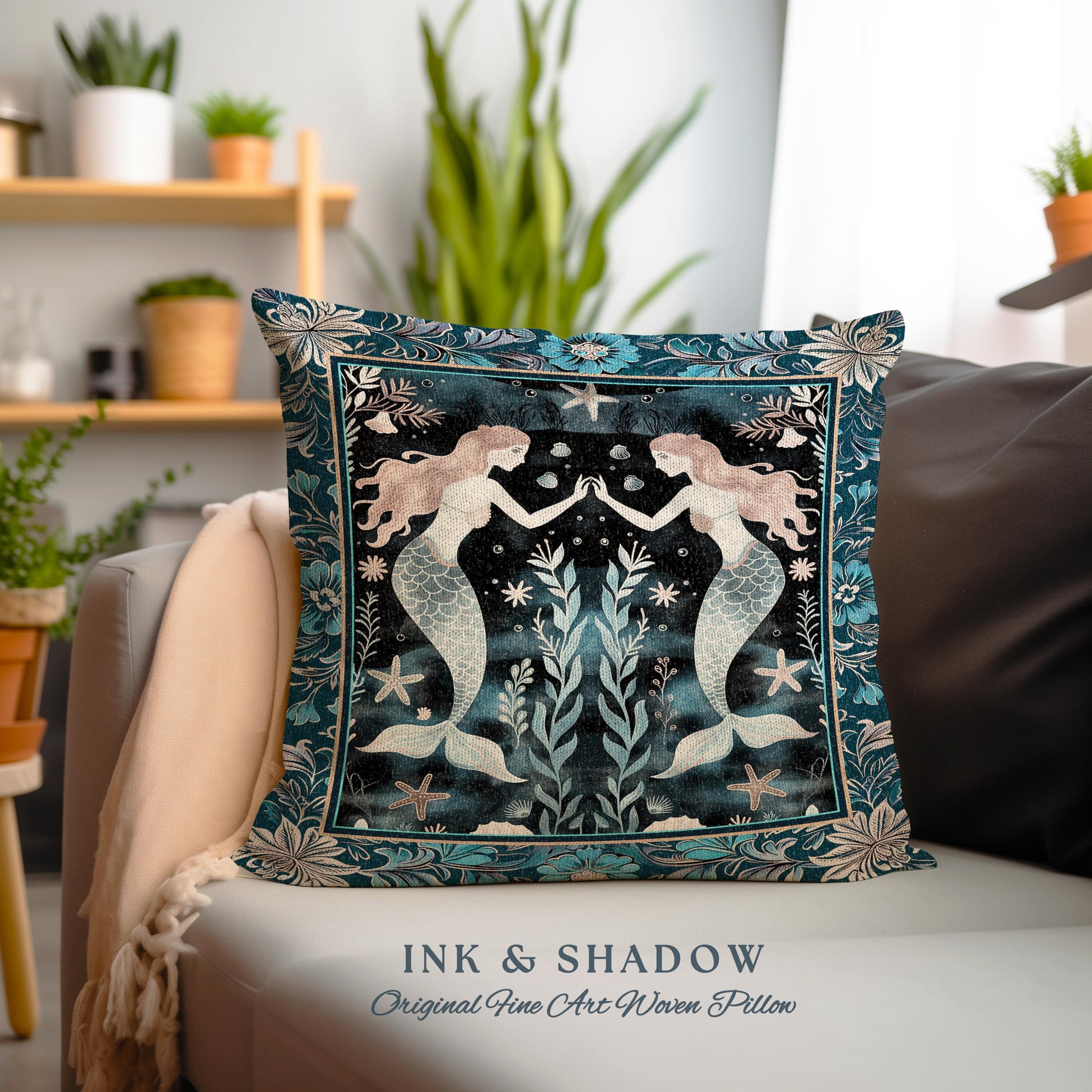 Mystical Midnight Blue Mermaid Pillow Floral Oceanic Tapestry Cushion Art Nouveau Coastal Cottagecore Whimsical Sea Nymph Enchanted Nautical