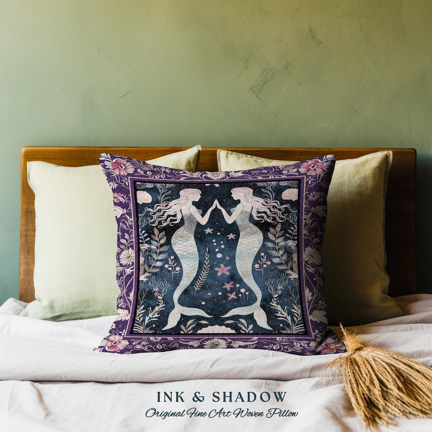 Retro Art Deco Mermaid Pillow Whimsical Coastal Cottagecore | Vintage Purple Floral Enchanted Underwater Fantasy Sirens Tapestry Cushion