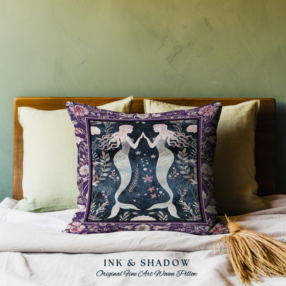 Retro Art Deco Mermaid Pillow Whimsical Coastal Cottagecore | Vintage Purple Floral Enchanted Underwater Fantasy Sirens Tapestry Cushion