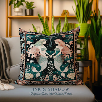 Whimsical Art Nouveau Mermaid Tapestry Cushion Costal Cottagecore Pillow | Enchanted Underwater Ocean Folklore Mystical Sea Nymph Home Decor