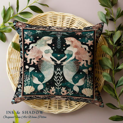 Whimsical Art Nouveau Mermaid Tapestry Cushion Costal Cottagecore Pillow | Enchanted Underwater Ocean Folklore Mystical Sea Nymph Home Decor