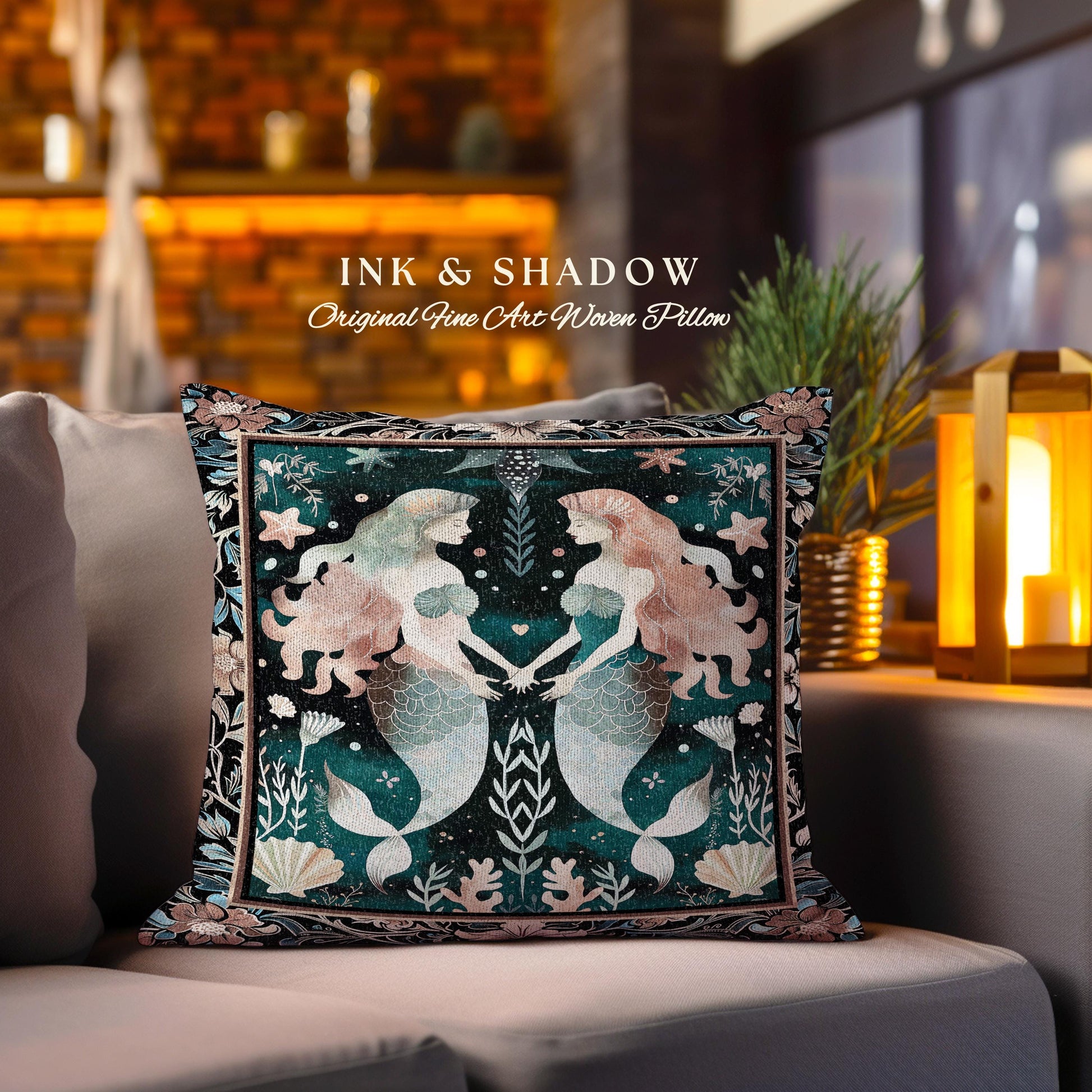 Whimsical Art Nouveau Mermaid Tapestry Cushion Costal Cottagecore Pillow | Enchanted Underwater Ocean Folklore Mystical Sea Nymph Home Decor