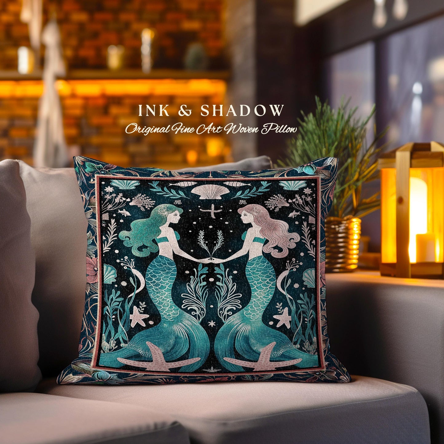 Ethereal Art Nouveau Sea Nymph Tapestry Cushion Whimsical Dark Academia Coastal Pillow Mystical Mermaid Cottagecore Enchanted Ocean Folklore