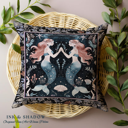 Ocean Sea Nymph Tapestry Pillow Art Nouveau Mystical Mermaid Underwater Decor | Enchanted Costal Fantasy Folklore Oceanic Woven Art Cushion