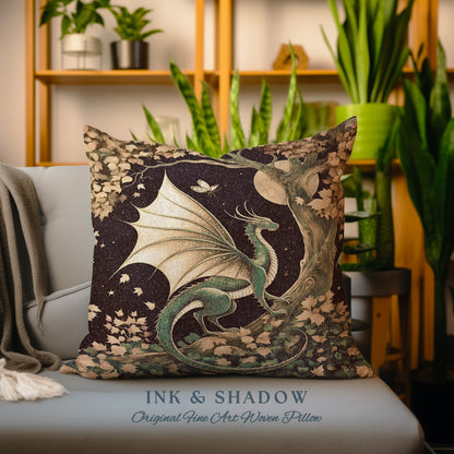 Gilded Hygge Antique Mystical Dragon Pillow Moonlit Forest Fantasy Art | Vintage Celestial Romantic Baroque Woodland Gothic Tapestry Cushion