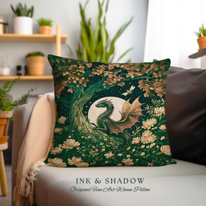 Mystical Forest Green Woodland Gothic Dragon Pillow Full Moon Celestial Magic Fantasy Art, Whimsigothic Enchanted Fairytale Academia Cushion