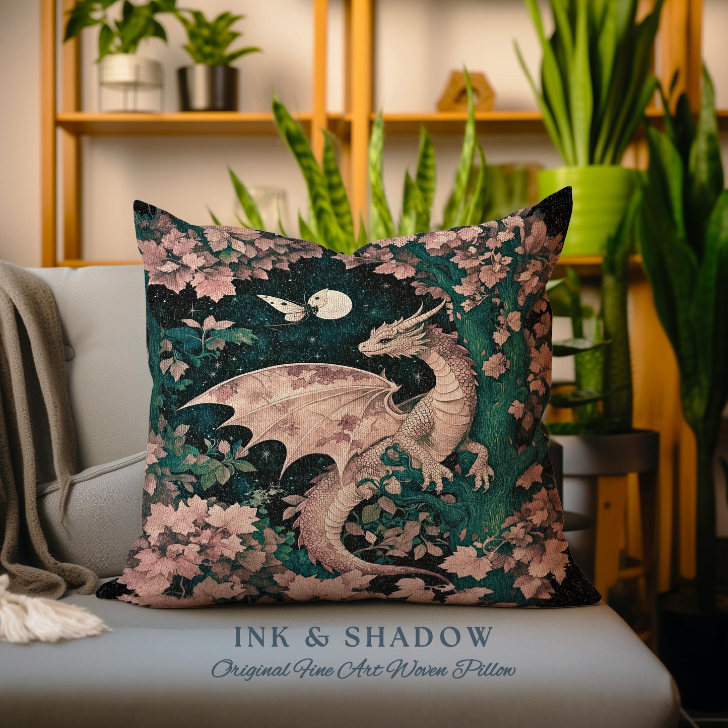 Antique Mystical Ethereal Dragon Tapestry Pillow Moonlit Forest Fairytale Academia | Enchanted Fairycore Celestial Night Art Fantasy Cushion