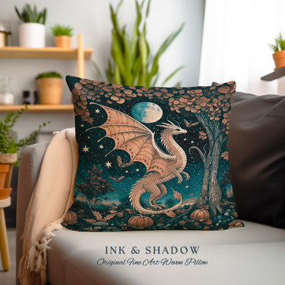 Whimsigothic Harvest Moon Magical Dragon Pillow Fairytale Nocturnal Decor | Enchanted Autumn Night Celestial Fantasy Art Tapestry Cushion