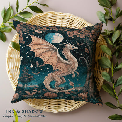 Whimsigothic Harvest Moon Magical Dragon Pillow Fairytale Nocturnal Decor | Enchanted Autumn Night Celestial Fantasy Art Tapestry Cushion