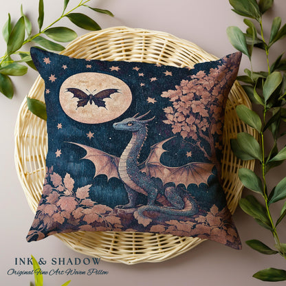 Whimsical Celestial Dragon Pillow Enchanted Forest Starry Night Cushion | Magical Woodland Goblincore Mystical Moon Fairytale Ethereal Art