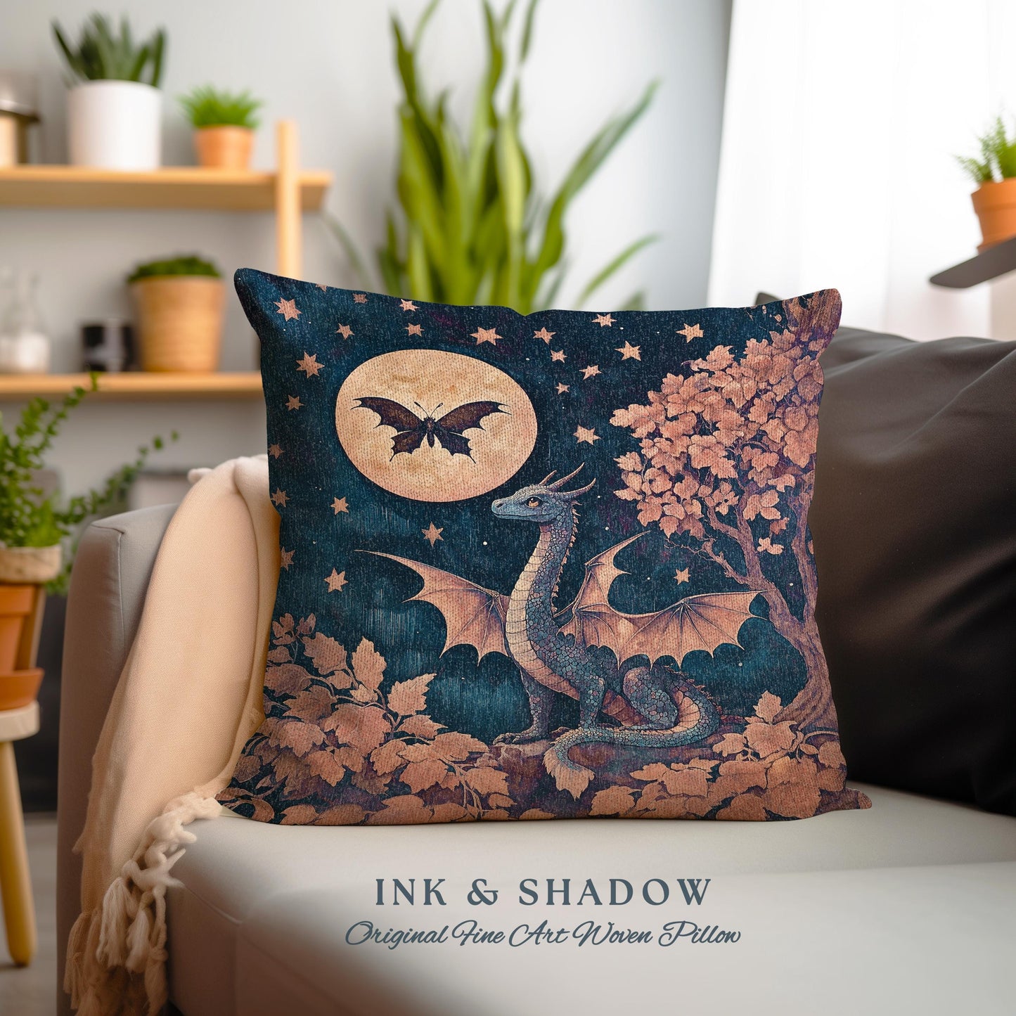 Whimsical Celestial Dragon Pillow Enchanted Forest Starry Night Cushion | Magical Woodland Goblincore Mystical Moon Fairytale Ethereal Art