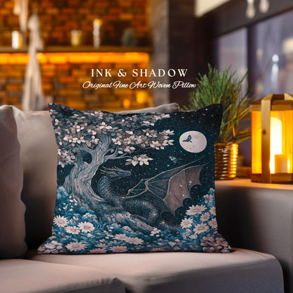 Twilight Dragon Dreamscape Pillow Dark Floral Enchanted Victorian Gothic Art Decor | Mystic Forest Whimsical Folklore Magic Tapestry Cushion