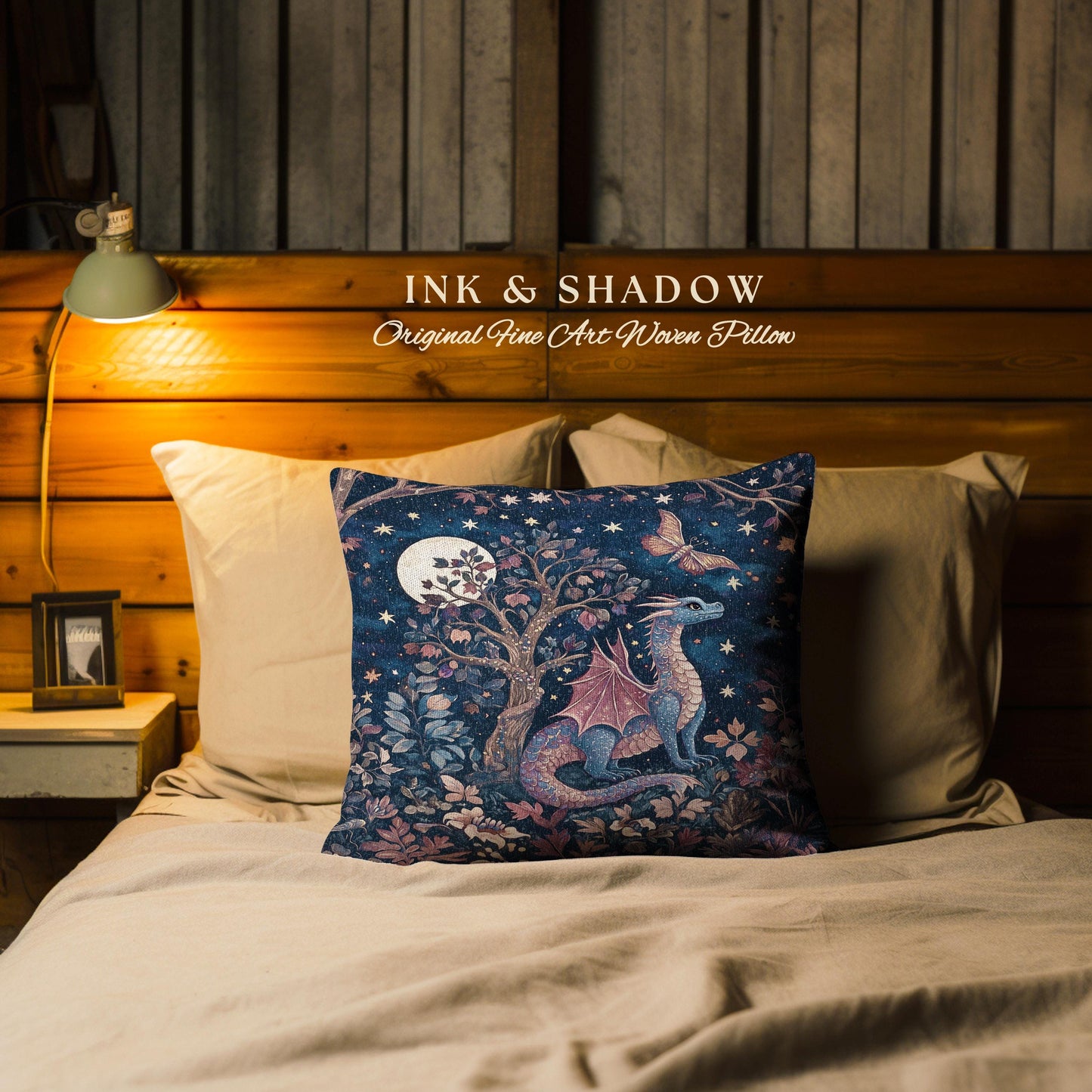 Mystical Night Sky Dragon Pillow Enchanted Woodland Decor | Moonlit Forest Whimsigothic Tapestry Cushion Celestial Dark Academia Fantasy Art