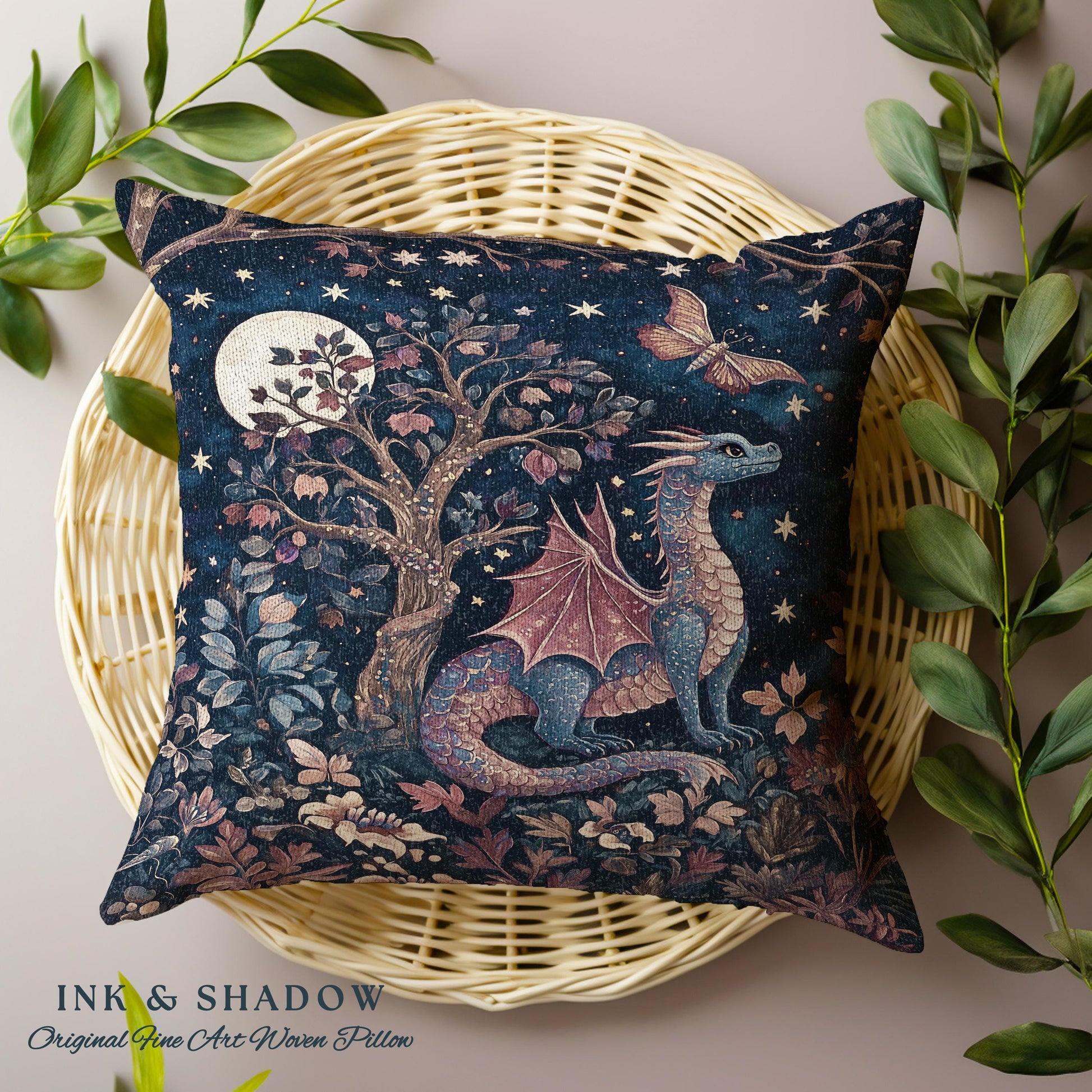 Mystical Night Sky Dragon Pillow Enchanted Woodland Decor | Moonlit Forest Whimsigothic Tapestry Cushion Celestial Dark Academia Fantasy Art