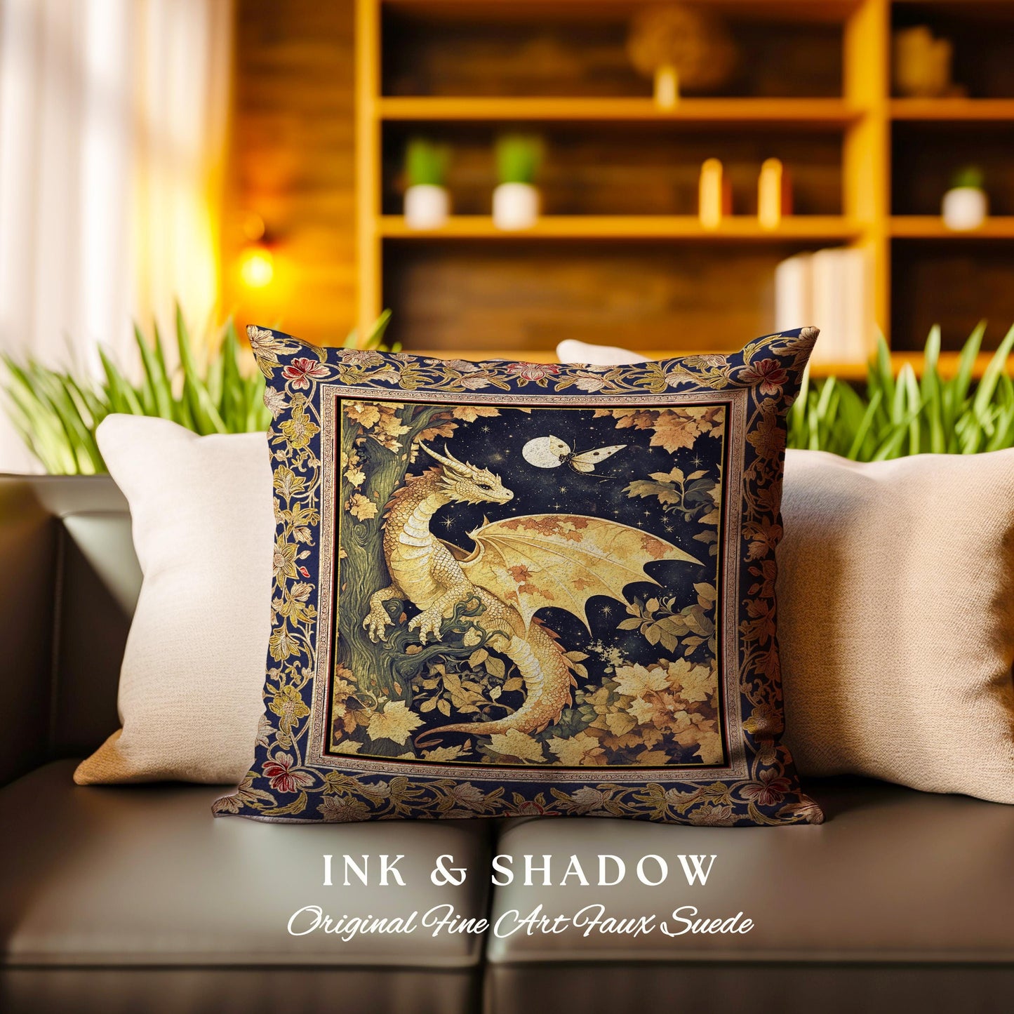 Ethereal Dragon Tapestry Pillow Antique Mystical Moonlit Forest Fairytale Decor | Enchanted Fairycore Celestial Night Fantasy Art Cushion |