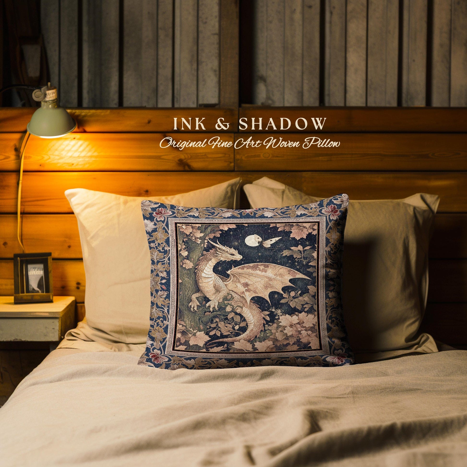 Ethereal Dragon Tapestry Pillow Antique Mystical Moonlit Forest Fairytale Decor | Enchanted Fairycore Celestial Night Fantasy Art Cushion |