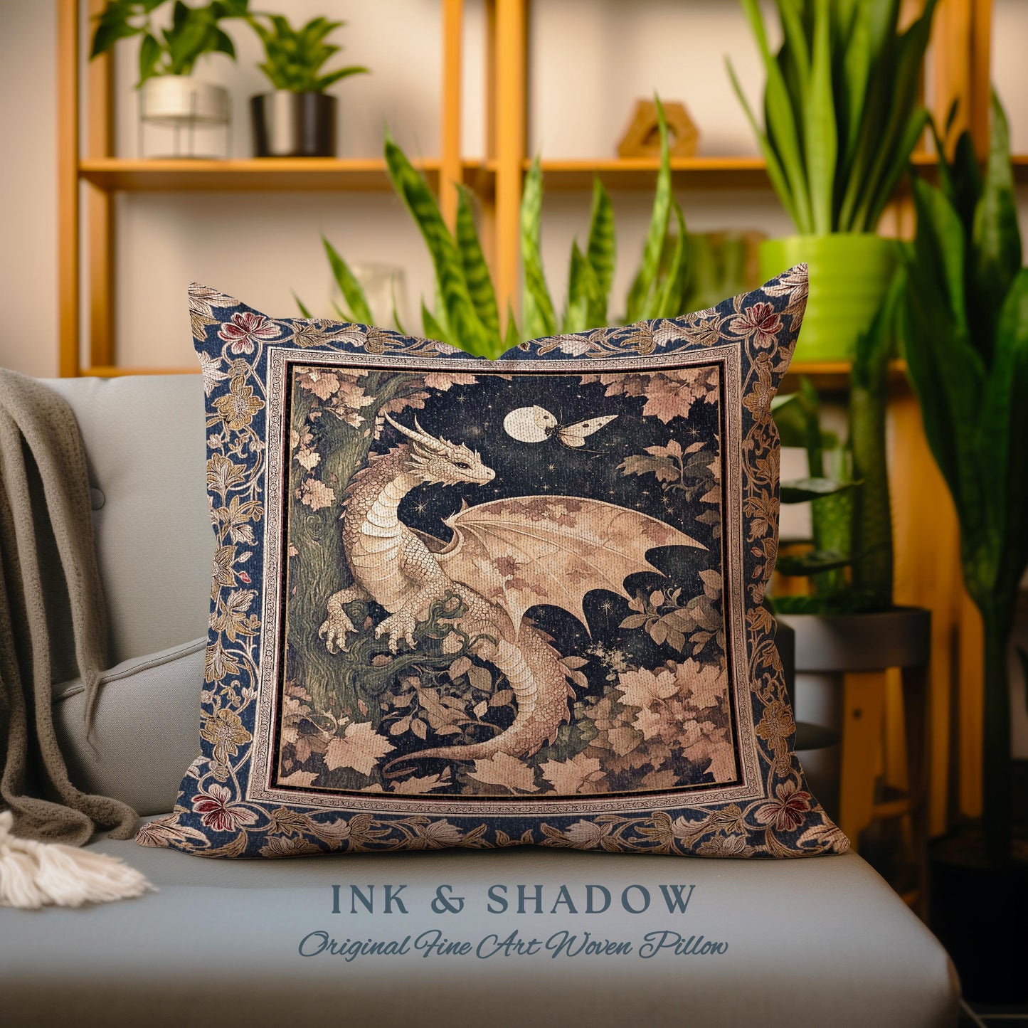 Ethereal Dragon Tapestry Pillow Antique Mystical Moonlit Forest Fairytale Decor | Enchanted Fairycore Celestial Night Fantasy Art Cushion |