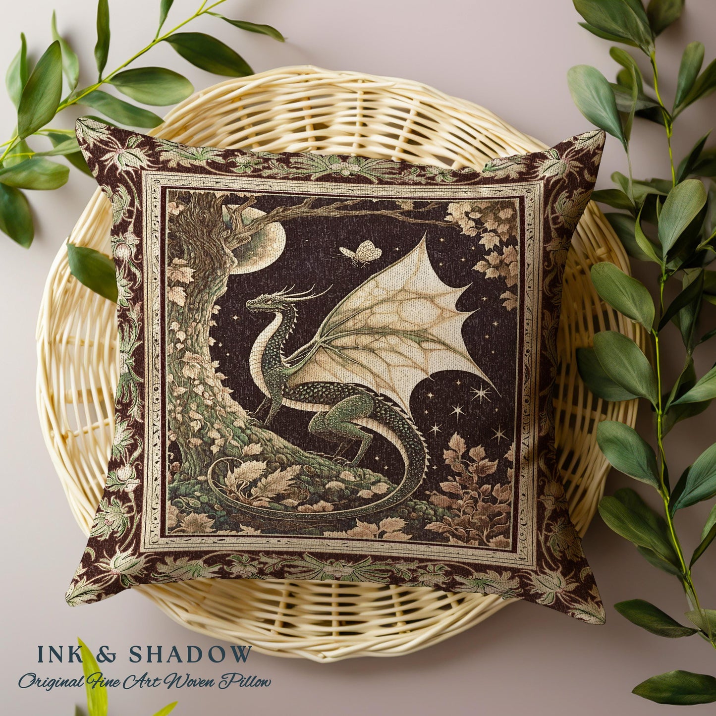 Mystical Dragon Pillow Gilded Hygge Antique Moonlit Forest Fantasy Art | Vintage Celestial Romantic Baroque Woodland Gothic Tapestry Cushion