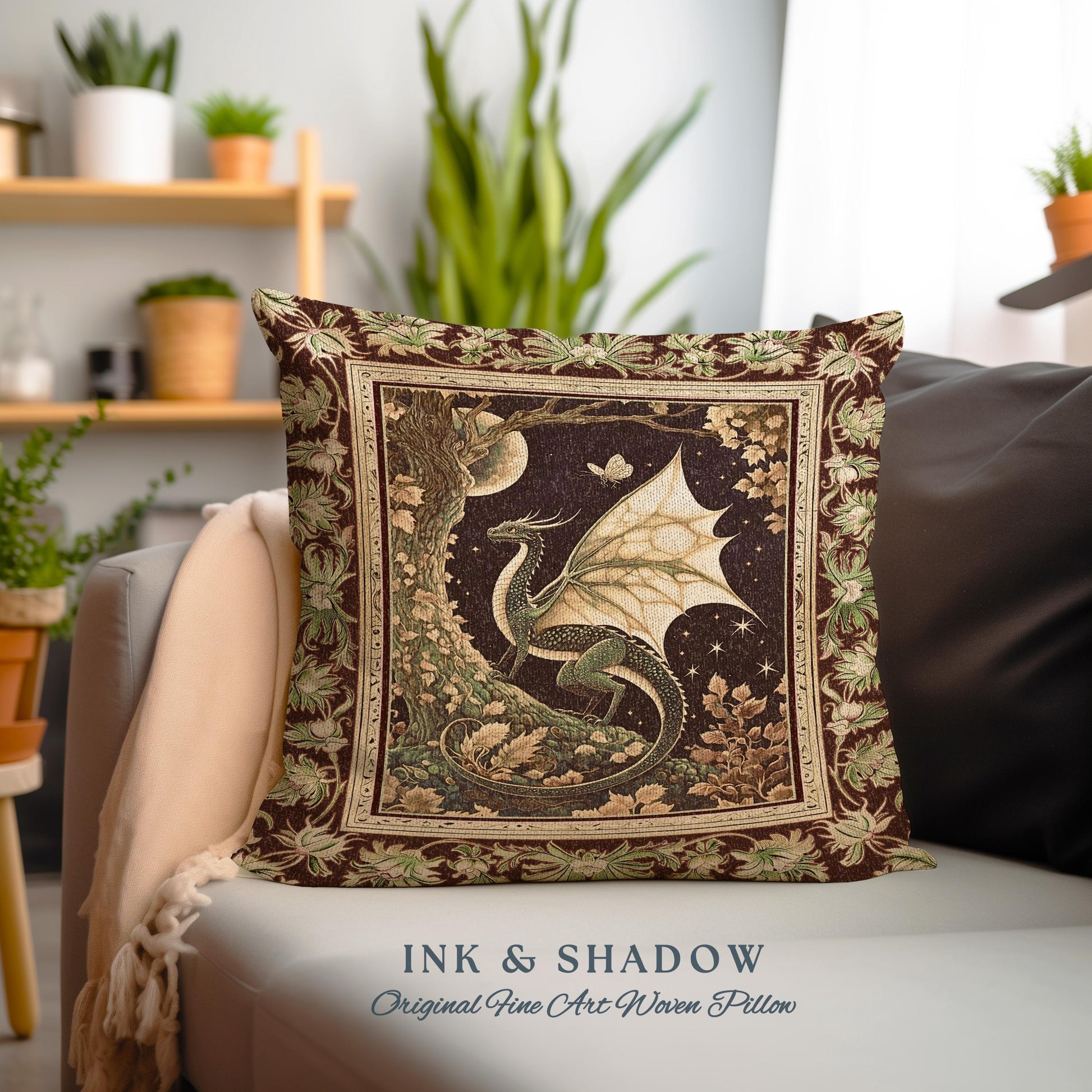 Mystical Dragon Pillow Gilded Hygge Antique Moonlit Forest Fantasy Art | Vintage Celestial Romantic Baroque Woodland Gothic Tapestry Cushion