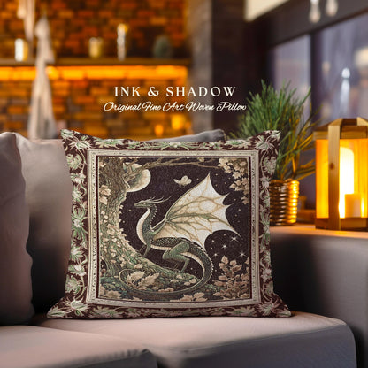 Mystical Dragon Pillow Gilded Hygge Antique Moonlit Forest Fantasy Art | Vintage Celestial Romantic Baroque Woodland Gothic Tapestry Cushion