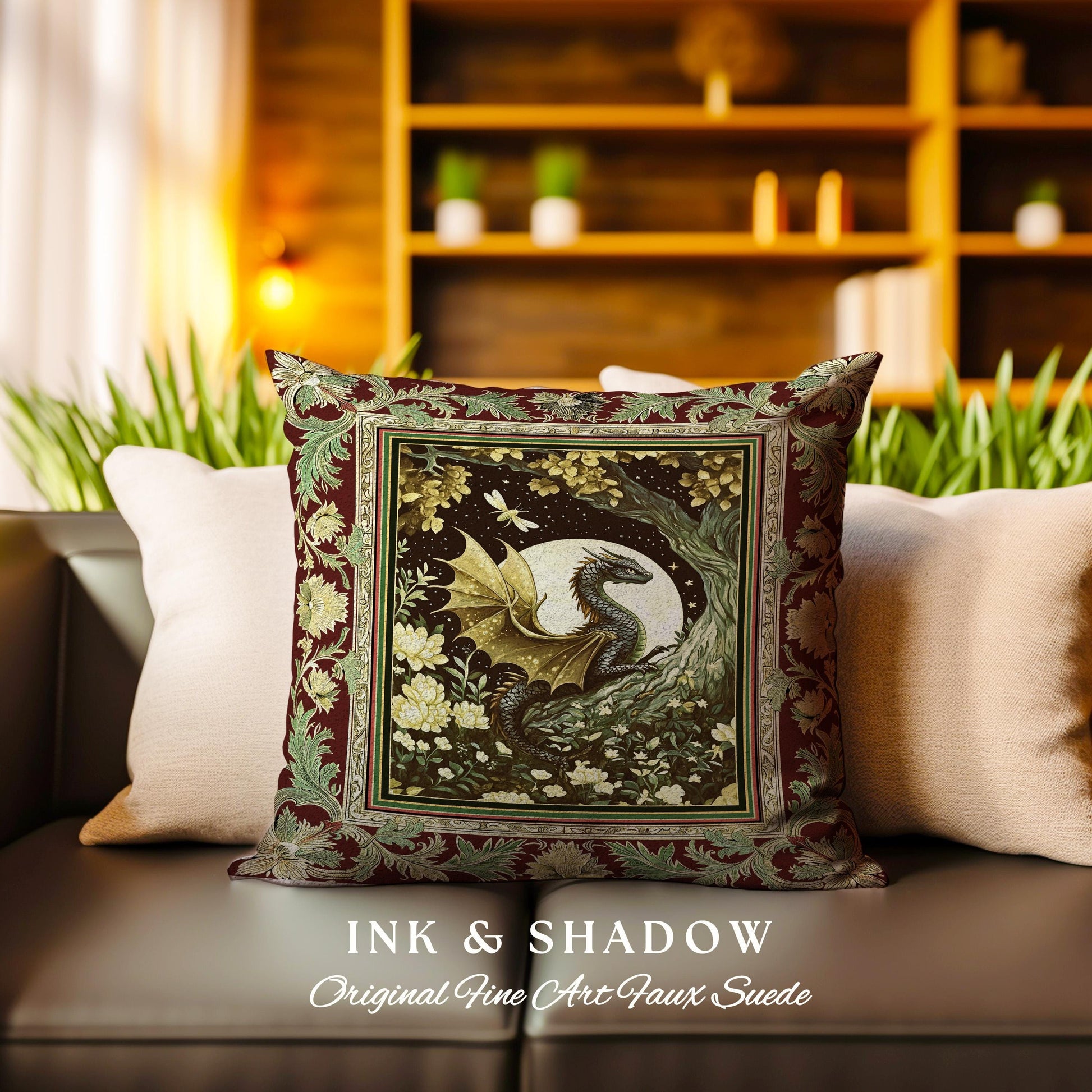 Woodland Gothic Dragon Pillow Mystical Forest Green Full Moon Celestial Magic Fantasy | Whimsigothic Enchanted Fairytale Tapestry Cushion |