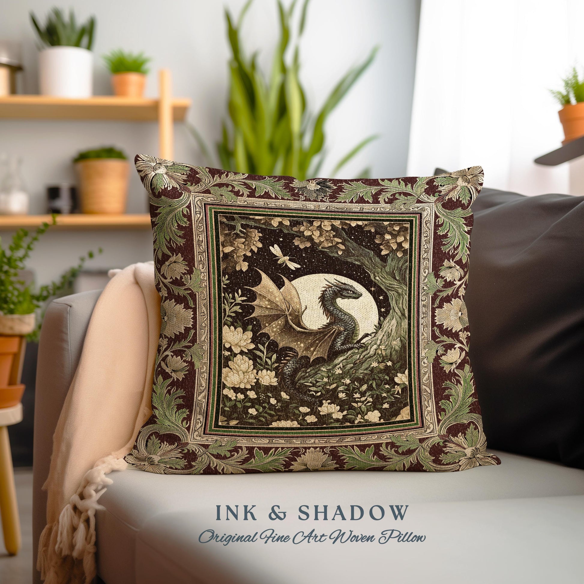 Woodland Gothic Dragon Pillow Mystical Forest Green Full Moon Celestial Magic Fantasy | Whimsigothic Enchanted Fairytale Tapestry Cushion |