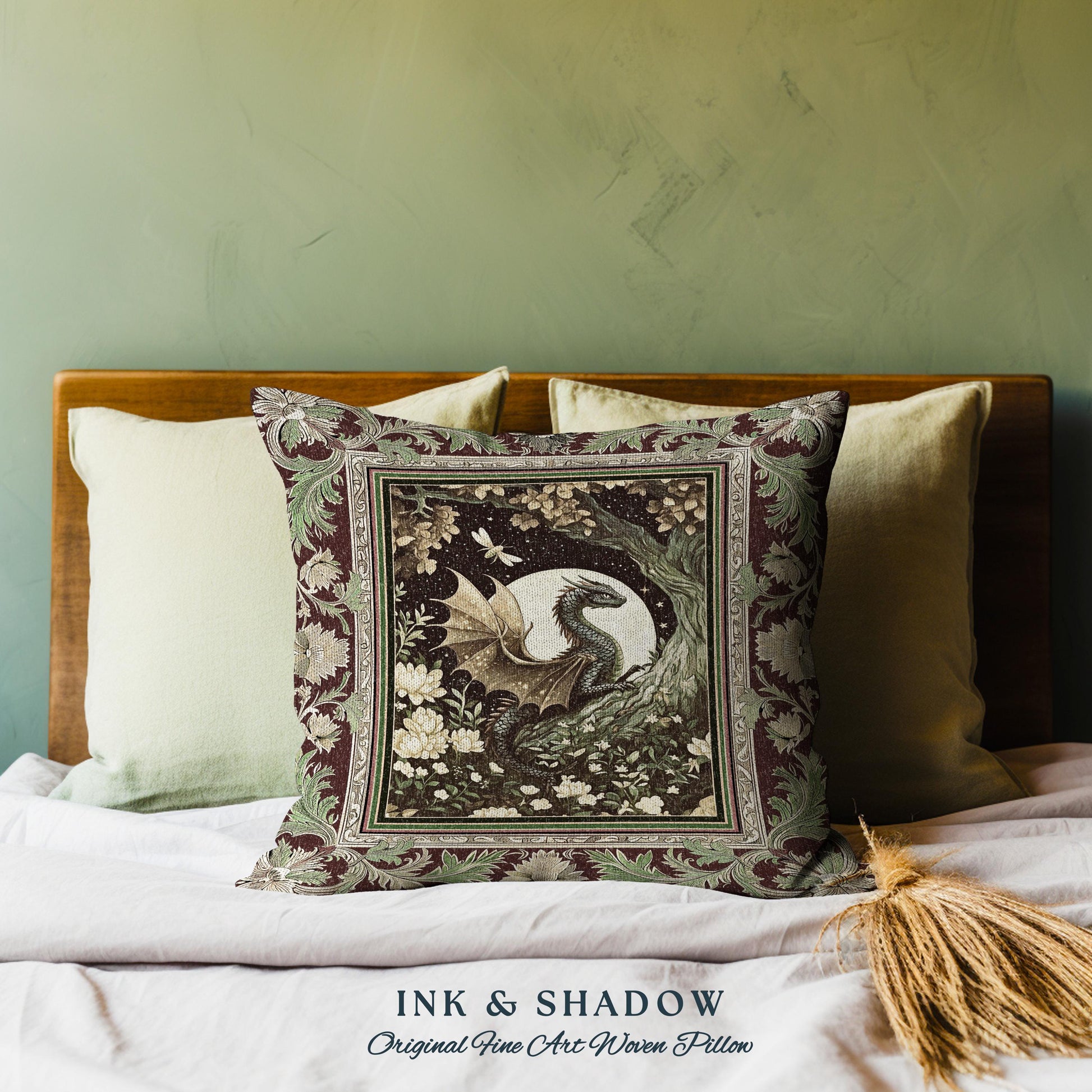 Woodland Gothic Dragon Pillow Mystical Forest Green Full Moon Celestial Magic Fantasy | Whimsigothic Enchanted Fairytale Tapestry Cushion |