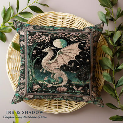 Witchy Whimsigothic Enchanted Night Moonlit Mystic Dragon Pillow Celestial Fairytale Tapestry Cushion, Mythical Fantasy Forestcore Art Decor