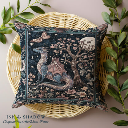 Enchanted Woodland Dragon Pillow Mystical Night Sky Decor | Moonlit Forest Whimsigothic Tapestry Cushion Celestial Dark Academia Fantasy Art