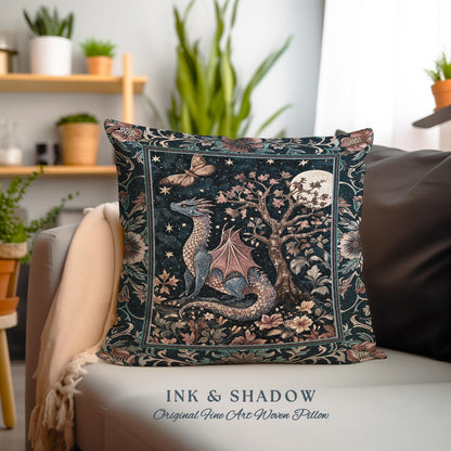 Enchanted Woodland Dragon Pillow Mystical Night Sky Decor | Moonlit Forest Whimsigothic Tapestry Cushion Celestial Dark Academia Fantasy Art