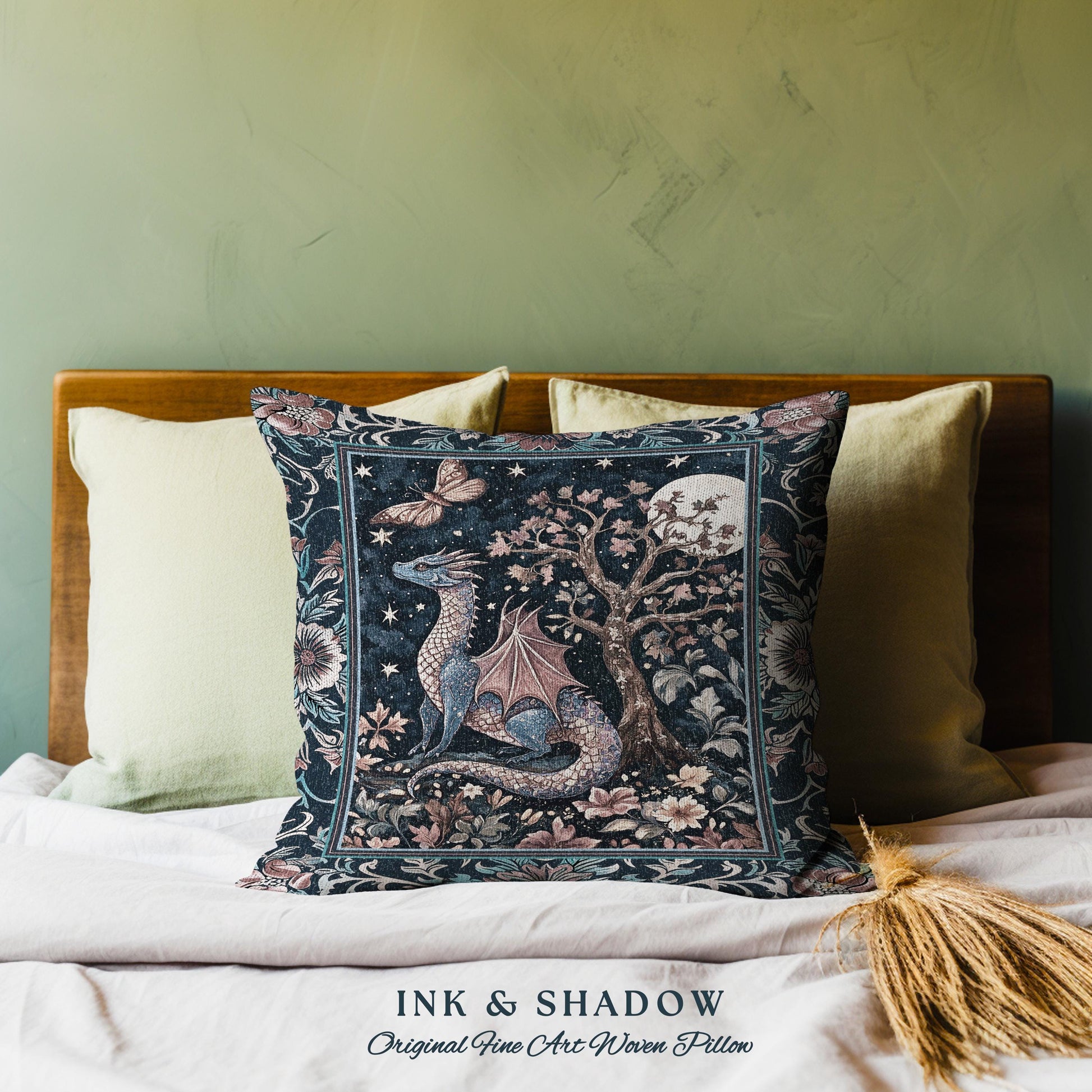 Enchanted Woodland Dragon Pillow Mystical Night Sky Decor | Moonlit Forest Whimsigothic Tapestry Cushion Celestial Dark Academia Fantasy Art