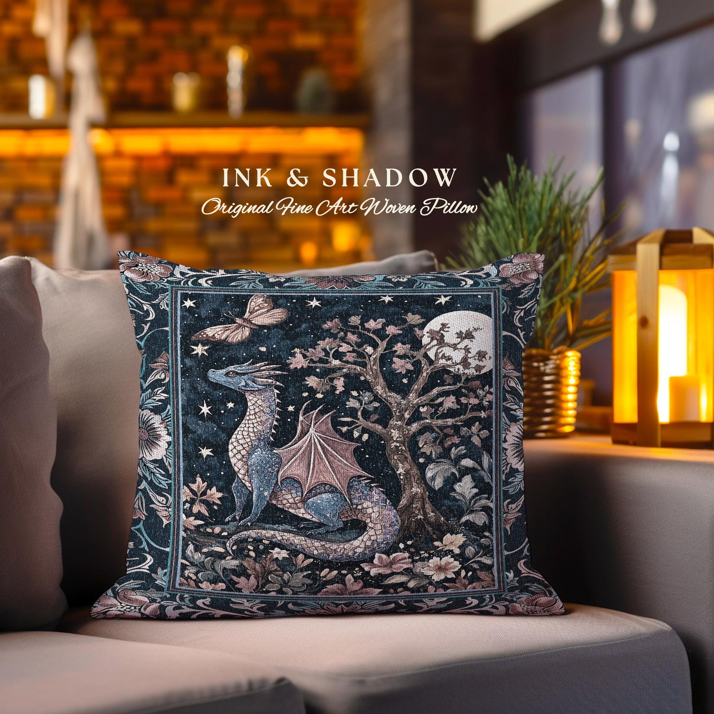 Enchanted Woodland Dragon Pillow Mystical Night Sky Decor | Moonlit Forest Whimsigothic Tapestry Cushion Celestial Dark Academia Fantasy Art