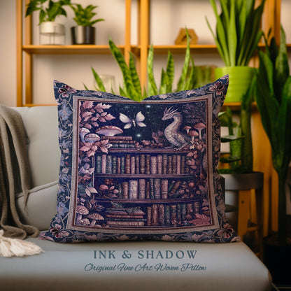 Fairytale Dragon Books Pillow Mystical Cottagecore Purple Cushion | Whimsical Witchy Reading Nook Tapestry Enchanted Victorian Academia Art