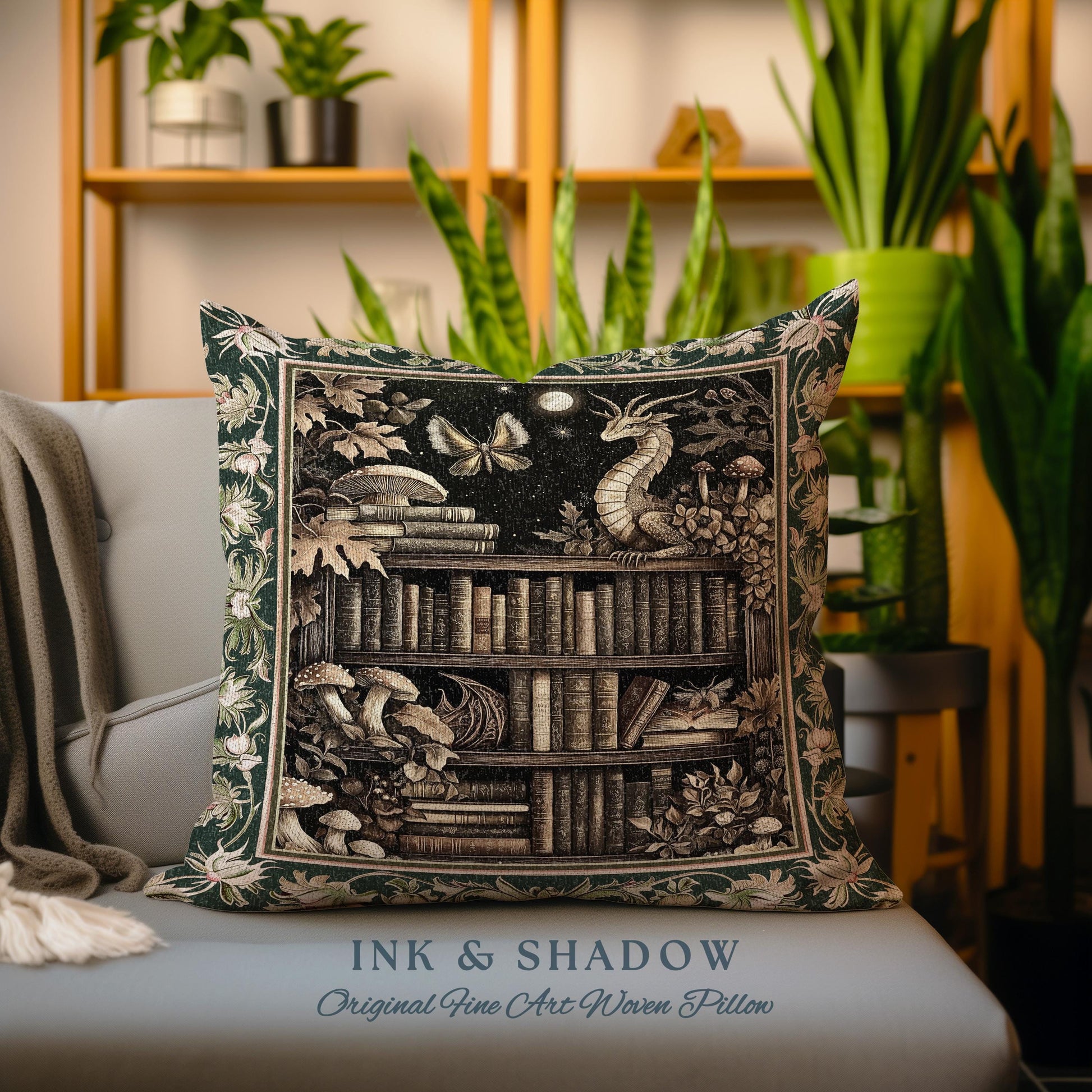 Enchanted Library Dragon Tapestry Pillow Mystical Dark Academia Bookshelf Fantasy Cushion | Vintage Gothic Cottagecore Bookish Reading Nook