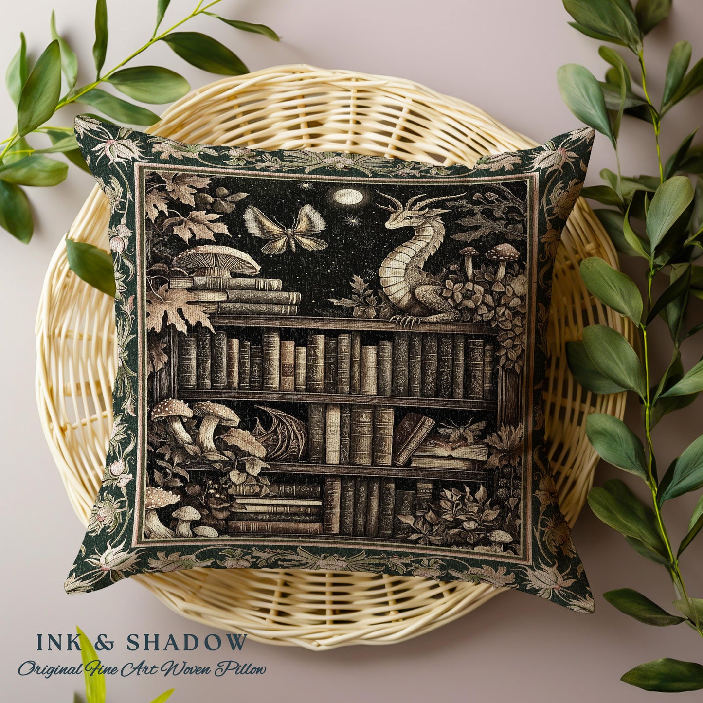 Enchanted Library Dragon Tapestry Pillow Mystical Dark Academia Bookshelf Fantasy Cushion | Vintage Gothic Cottagecore Bookish Reading Nook