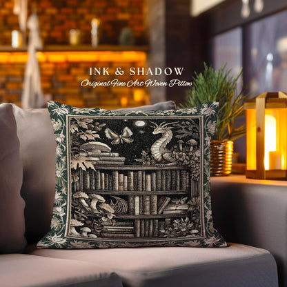 Enchanted Library Dragon Tapestry Pillow Mystical Dark Academia Bookshelf Fantasy Cushion | Vintage Gothic Cottagecore Bookish Reading Nook