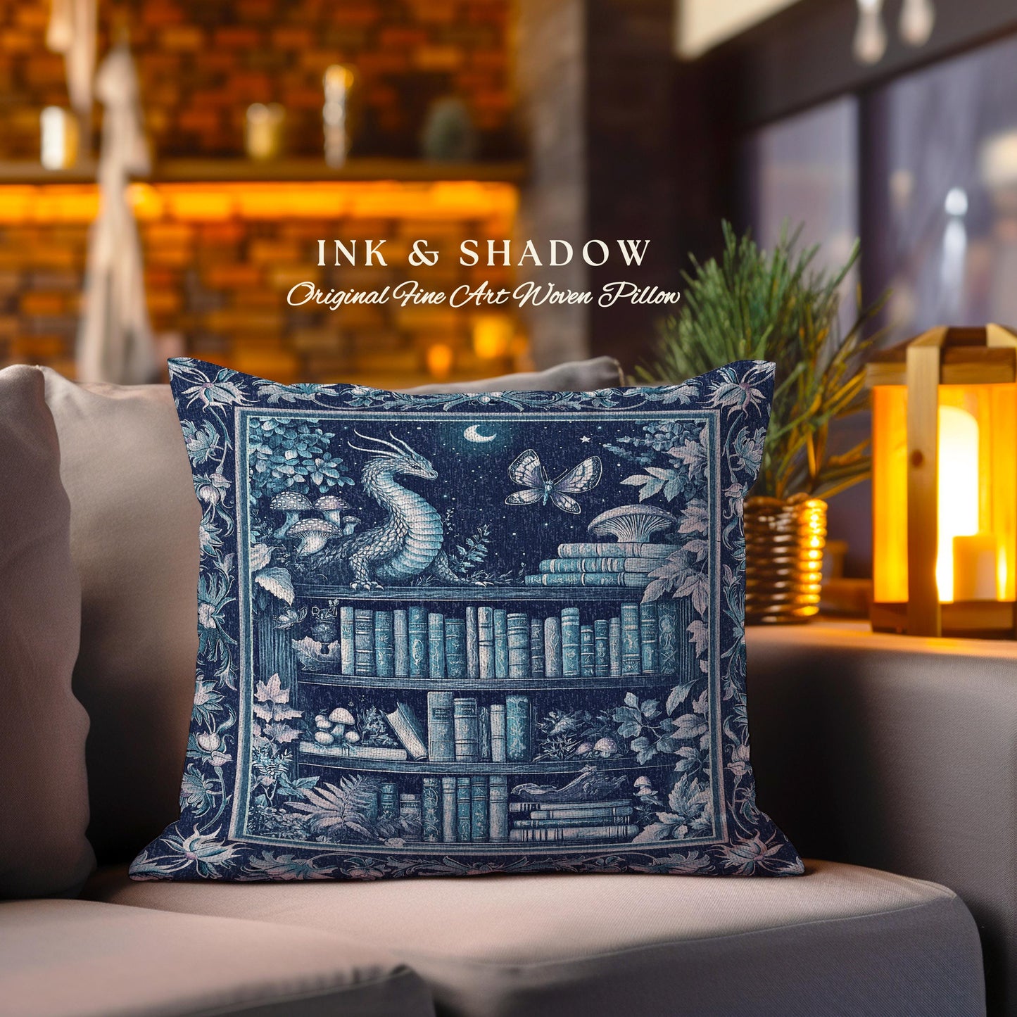 Midnight Blue Enchanted Library Dragon Pillow Celestial Dark Academia Fairycore | Whimsical Gothic Cottagecore Fantasy Art Tapestry Cushion